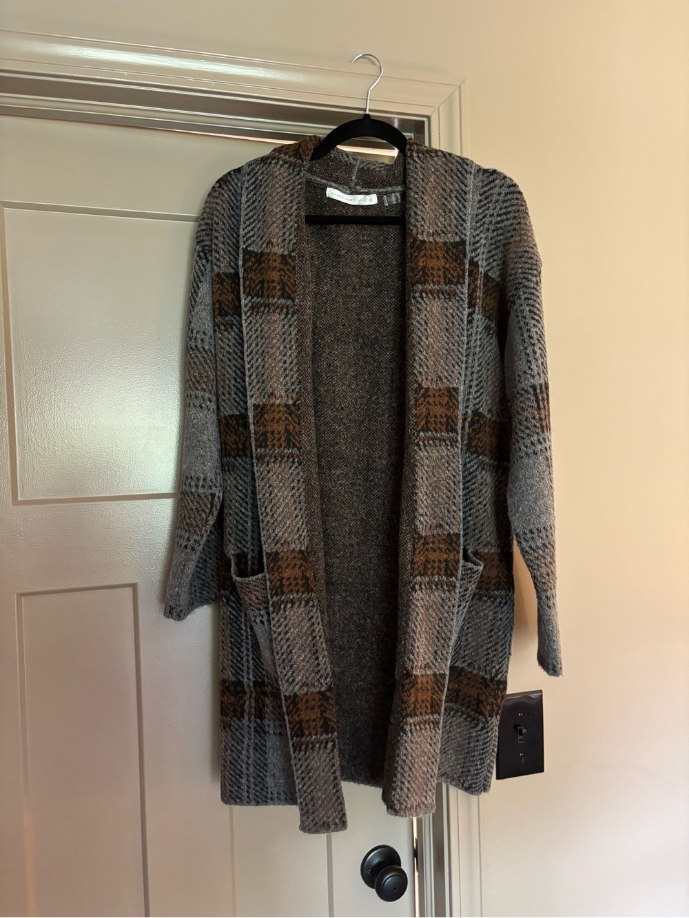 Altar’d State Open-Front Gray & Brown Plaid Women's Cardigan Sweater